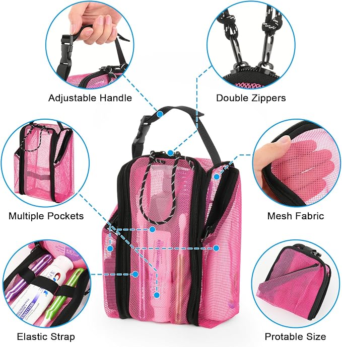 Cosmos Mesh Shower Caddy Toiletry Organizer Hanging Shower Tote Bag, Quick Dry Shower Organizer Portable Bath Bag with Durable Zippers & Side Pockets for Travel Gym Swimming Beach & Camp (Hot Pink) - Image 4