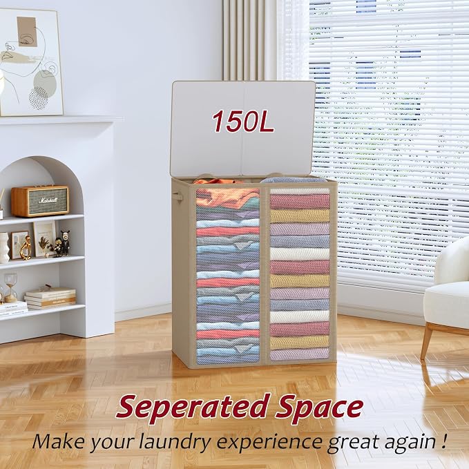150L Laundry Hamper 2 Section, Large Laundry Hamper with Lid, Dirty Clothes Hamper with 2 Removable Inner Bags, Collapsible Laundry Basket Organizer for for Clothes Toys Towels, Hamper 2 Compartment - Image 4