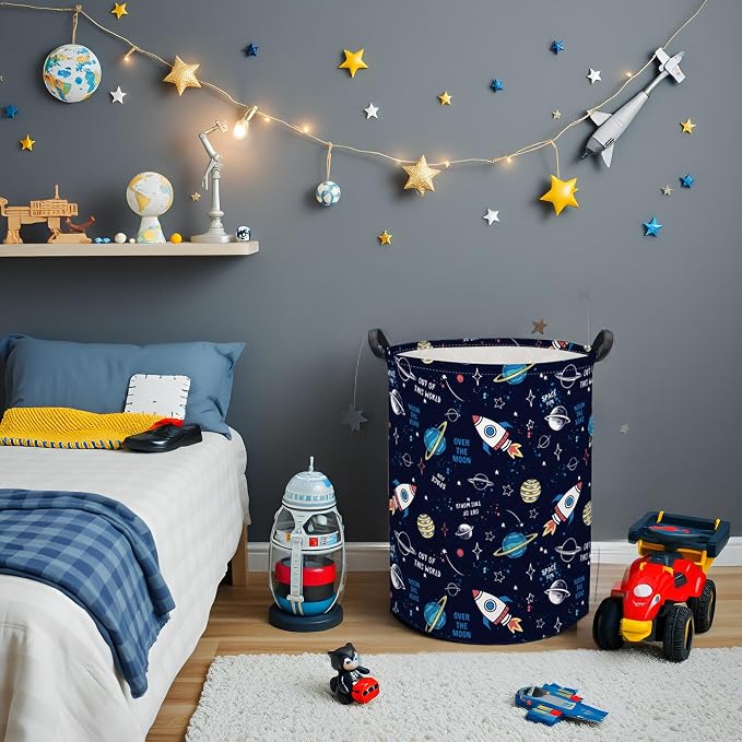 HIYAGON Kids Laundry Basket Baby Hamper for Nursery Boys Kids Hamper Cute Kids Toys Storage Bin Organizer Butterfly Room Decor for Home(Rocket Planet) - Image 4
