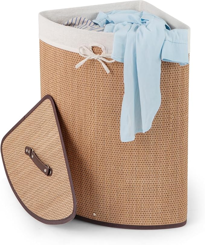 GOFLAME Corner Bamboo Laundry Hamper with Lid and Removable Liner, Washing Clothes Basket Storage Bin with Handle, Suitable for Bedroom, Bathroom, Laundry, Bamboo by GOFLAME