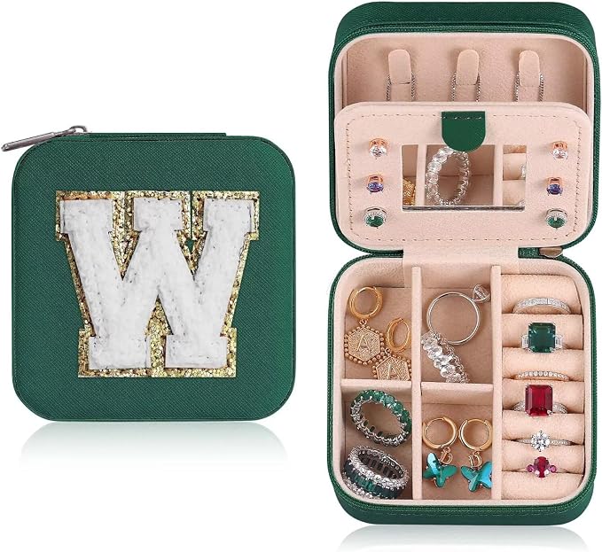 ETHOON Jewelry Travel Case Small Organizer Stocking Box Personalized Gifts Teenage Jewelry Accessories Holiday Christmas Gift for Women Green, Letter W by ETHOON