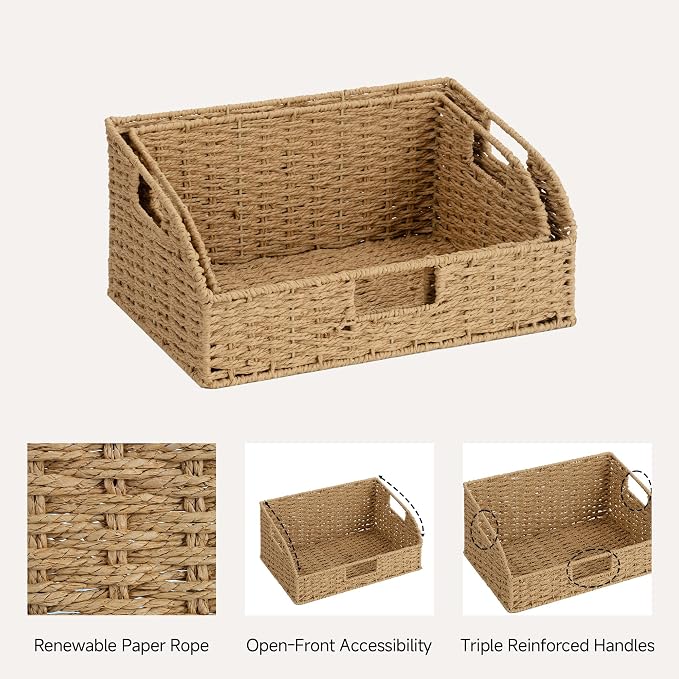 StorageWorks Pantry Baskets for Organizing, Paper Rope Storage Baskets for Shelves with Built-in Handles, Pantry Organizers and Storage, Natural, Set of 2 (Large and Medium) - Image 3