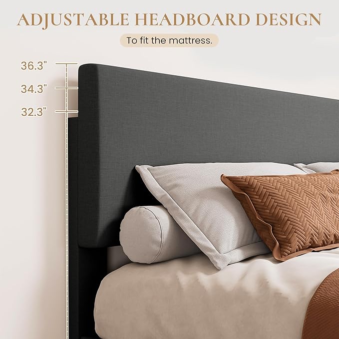SHA CERLIN Full Size Platform Bed Frame with Clean Line Fabric & Adjustable Headboard, Wood Slats Support, No Box Spring Needed, Easy Assembly, Dark Grey