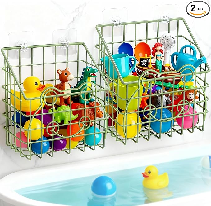 Greentainer 2 Pack Bath Toy Storage Organizer, Large Rustproof Metal Wire Basket, Wall Mounted Hanging Bathtub Holder, Bathroom Shower Caddy for Tub Toys & Toiletries by Greentainer