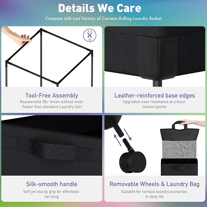 Caroeas Next-Gen 105L Matel Frame Laundry Basket with wheels, Heavy Duty Tall Rolling Laundry Hamper with Removable Wash Bag, Collapsible Freestanding Clothes Hamper (100L,Black,1Pack) - Image 5