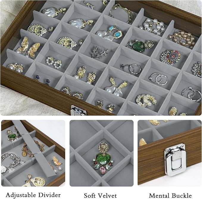 Stratalife Wood Jewelry Organizer 30 Grid Earring Tray Jewelry Holder Ring Box Earring Holder Organizer with Clear Lid Ring Storage for Women Vintage Style - Image 2