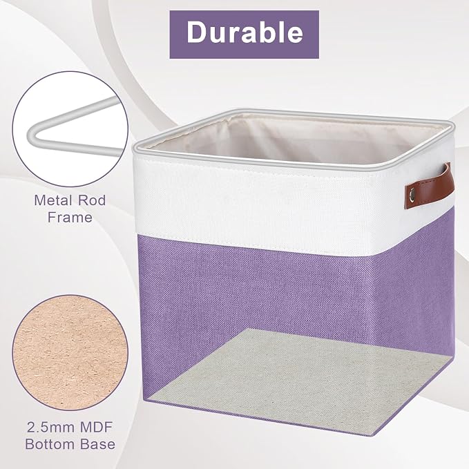 Bagnizer Collapsible Fabric Storage Cubes 11x11 Cube Storage Bins, 4 Pack Closet Baskets Box with Handles for Organizing, Shelf, Toys, Clothes, Home, Office, Nursery (Purple&White) - Image 4