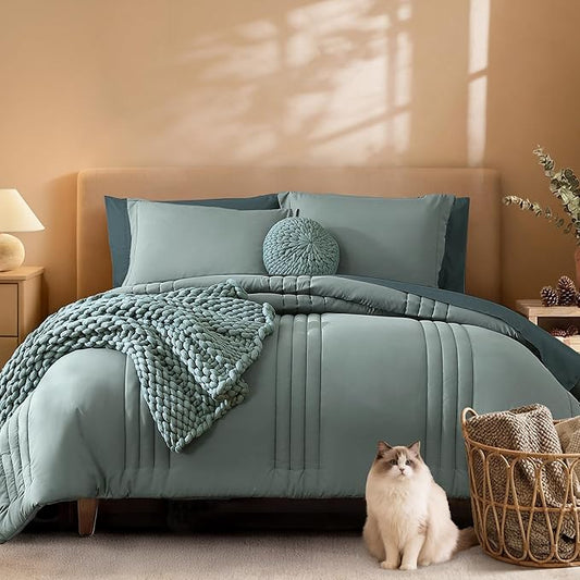 Monbix Oversized Queen Comforter Set - 7 Pieces Sage Green Bed in a Bag Oversized Queen Bedding Sets with Comforters, All Seasons Comforter Bed Set with Sheets, Pillowcases & Shams
