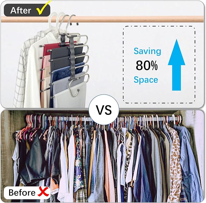 Magic Pants Hangers Space Saving - 2 Pack for Closet Multiple Layers Multifunctional Uses Rack Organizer for Trousers Scarves Slack (2 Pack with 10 Metal Clips) - Image 2
