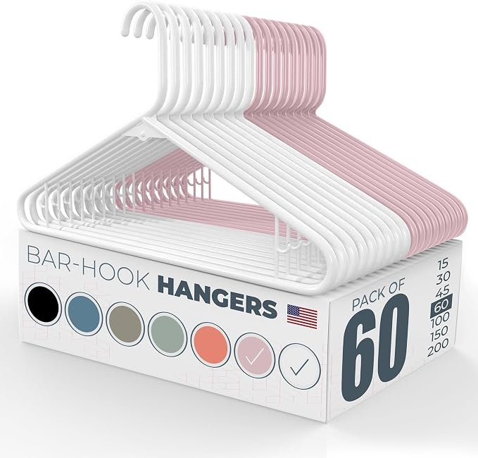 Neaties Plastic Hangers 50 Pack (60 Count) – Made in The USA – 6lb Capacity Standard Clothes Hangers with Strap Hooks for Dresses, Lingerie, Shirts, Pants, and Jackets – White & Pink by NeatiesHangers