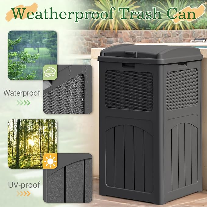 Greesum 33 Gallon Outdoor Trash Can with Lid, Waterproof Resin Garbage Bin for Hideaway, Deck, Patio, Gray - Image 3