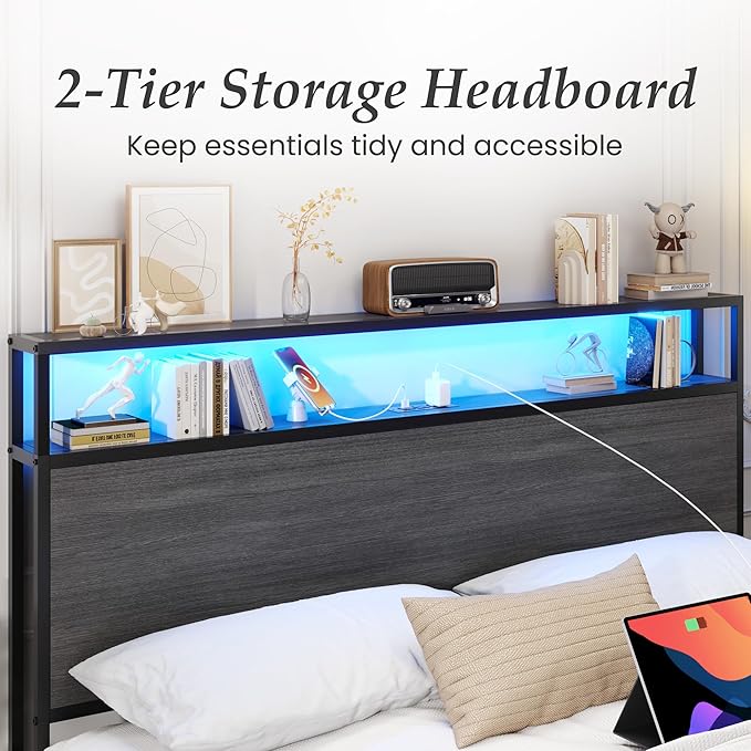 Lifezone Queen Bed Frame with 2-Tier Storage Headboard, Bedroom Metal Bed Frame with 2 Storage Drawers & Fast-Charging Station & LED, Noise-Free, No Box Spring Needed, Easy Assembly, Rustic Grey