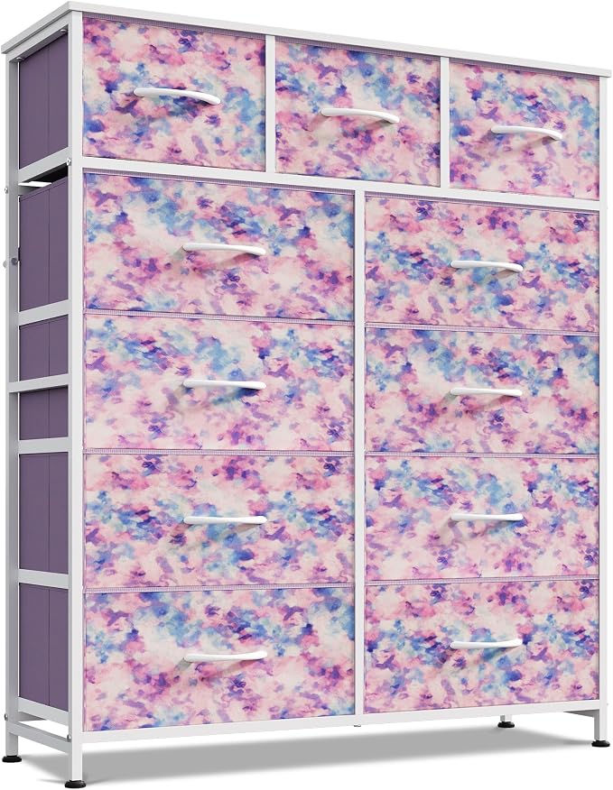 WLIVE Storage Organizer Unit with 11 Fabric Bins, Storage Drawers Organizer with Steel Frame, Tall Storage Tower Organizaton for Living Room, Hallway, Office, Tie-dye Print (Pink, Purple, Blue) by WLIVE