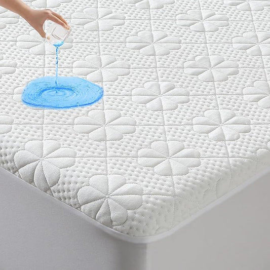 Bamboo Viscose Queen Size Waterproof Mattress Protector, Cooling Mattress Pad Cover for Queen Size Bed, Super Soft Queen Size Mattress Cover for 6-18 inches Mattress, White