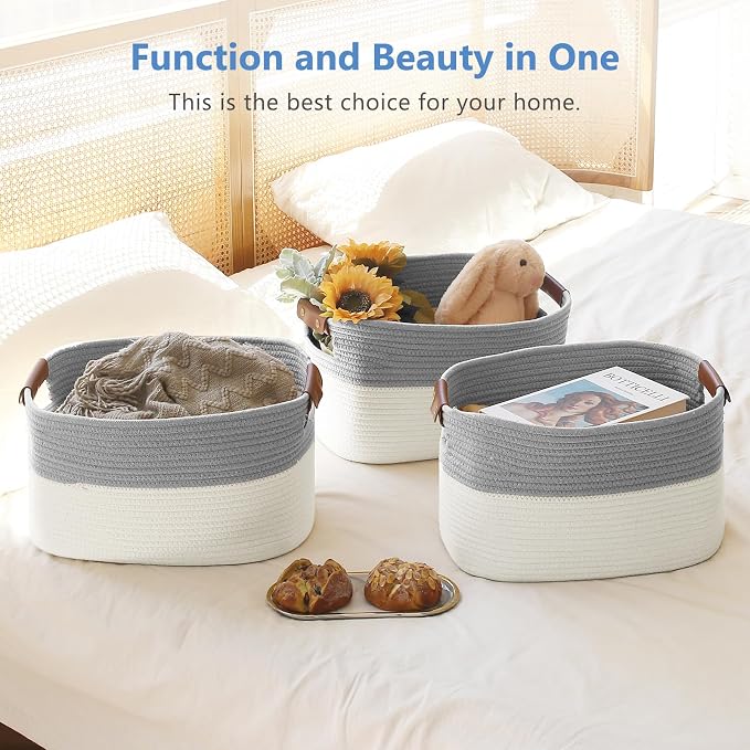 ECDYQXVU Cotton Rope Storage Baskets,15x10x9 in,Foldable Storage Bins, Decorative Woven Basket Cube Storage Organizer for Laundry, Towel, Clothes (White/Grey-3Pack, 15x10x9 inches) - Image 6