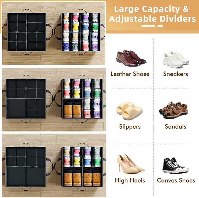NestOrganix 2 Pack Shoe Organizer for Closet, Large Shoe Box Storage Containers, Foldable Shoe Storage Organizer Box Bin with Adjustable Dividers and Clear Cover, Space Saving Shoes Holder, Black - Image 2