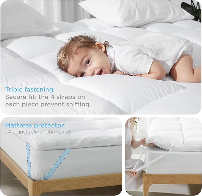 KUB Mattress Topper&Cooling Mattress Protector Bed Fitted Sheet Set, Deep Pocket&4 Elastic Bands, Triple Anti-Slip, Back Pain Relief, Breathable Soft 2 inch Mattress Pad Cover (White, Twin)