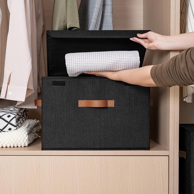 GRANNY SAYS Black Storage Bins with Lids, Decorative Storage Boxes with PU Handles, Linen Closet Organizer, Storage Baskets for Shelves, Fabric Storage Bins for Clothes, Extra Large - Image 2