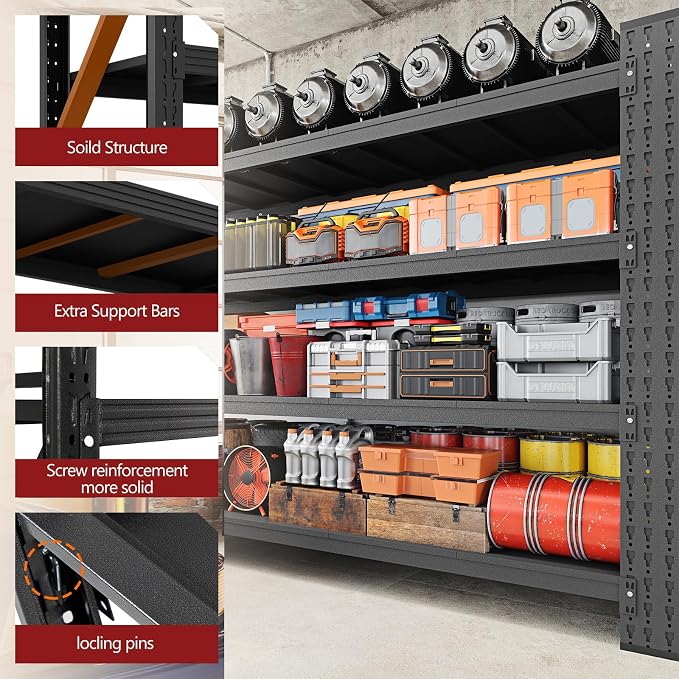 RAVIGIN 9000LBS Storage Shelves, 75" W Garage Shelving Heavy Duty Metal Adjustable Garage Shelves, Shelving Units Industrial Shelving for Warehouse, 75" W x 24" D x 70" H, Black - Image 5