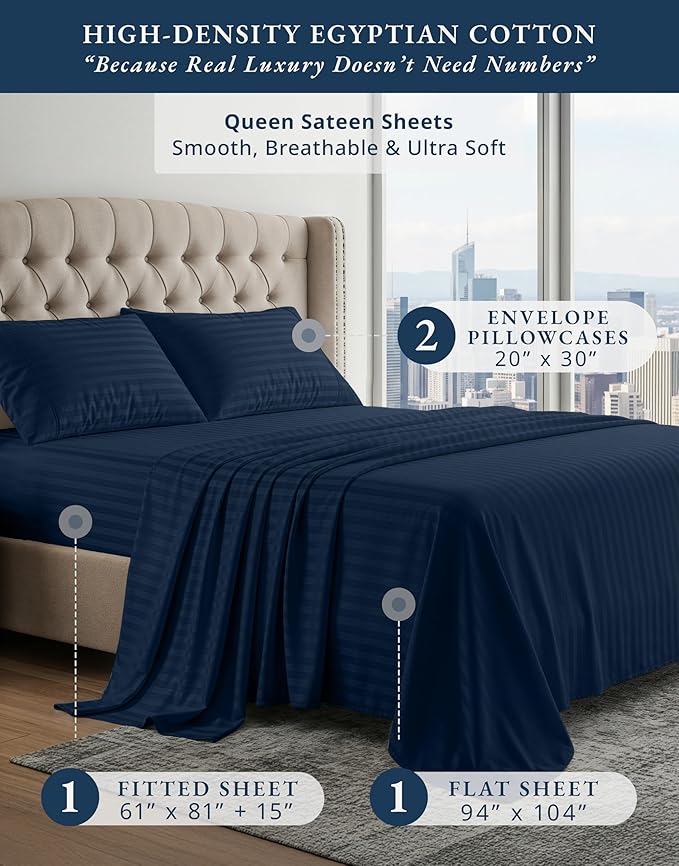 LANE LINEN 100% Egyptian Cotton Queen Sheet Set,15 inch Deep Pocket Fully Elasticized French Reinforced Pocket Seam for Soft, Comfy & Fresh Bed Eco Friendly Cooling Sheets Queen Damask Stripe - Navy
