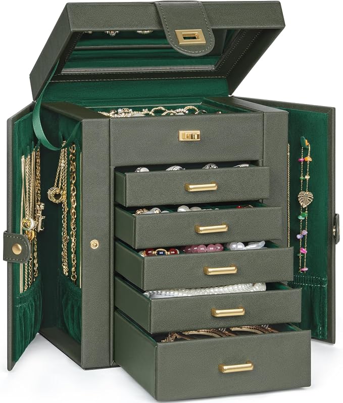 AKOZLIN Jewelry Box Organizer Functional Leather Jewelry Storage Case for Women Girls Ring Necklace Earring Bracelet Holder Organizer with Mirror by AKOZLIN