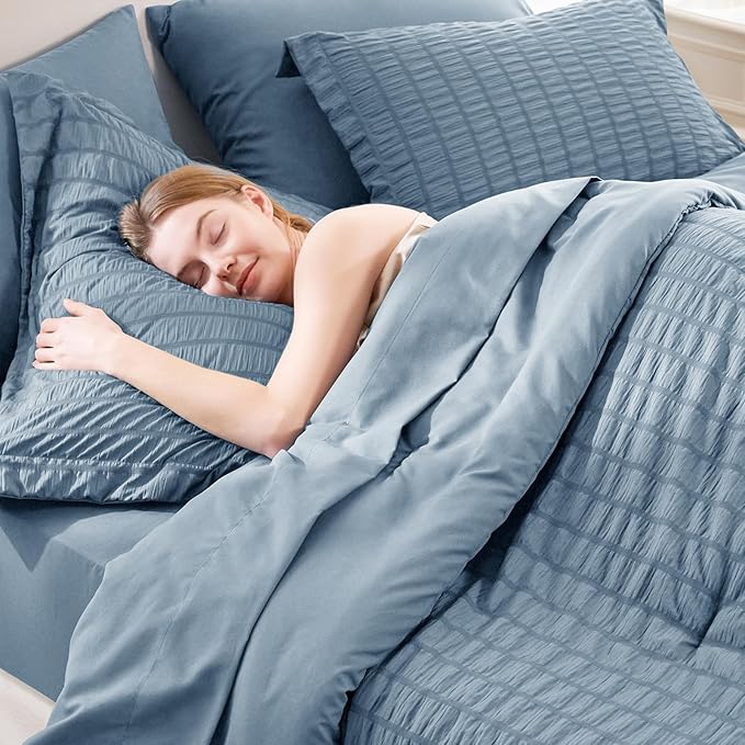 CozyLux Queen Comforter Set Grayish Blue Seersucker 7 Pieces Bed in a Bag Queen Comforter Set with Sheets, Dusty Blue Luxury Bedding Sets with Down Alternative Comforter, Sheets, Pillowcases & Shams