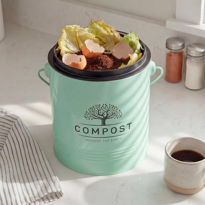 Perfnique Kitchen Compost Bin, 1.3 Gallon Countertop Compost Bin with Lid, Indoor Compost Bucket Includes Inner Bucket Liner and Carbon Filter, Small Compost Bin with Trash Bags (with Bags, Mint) - Image 7