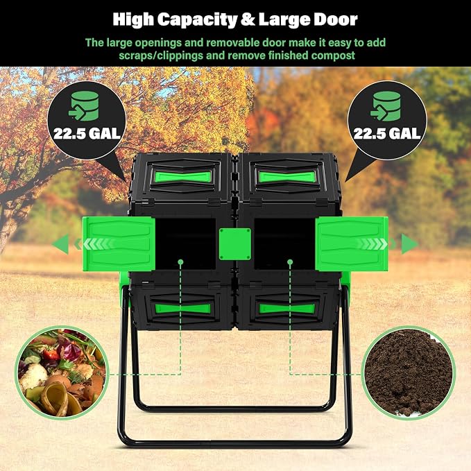 Compost Tumbler, Easy Assemble & Efficient Outdoor Compost Bin, 45 Gallon/170 Liter Large Dual Chamber Rotating Composter for Garden, Kitchen, and Yard Waste, Green Door - Image 3