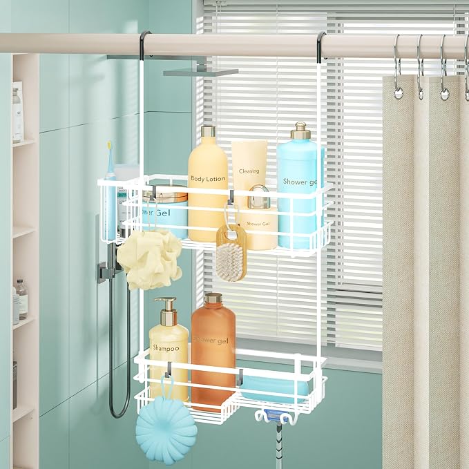 HapiRm Hanging Shower Caddy Organizer - No Drilling Shower Shelves with Hooks and Toothbrush Holder, Rustproof 304 Stainless Steel Bathroom Organizer - White - Image 7