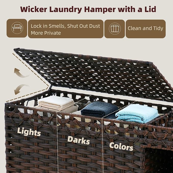 Laundry Hamper with Lid, 160L Rattan Wicker Laundry Basket with Wheels, Handwoven Laundry Hamper 3-Section with Storage shelf(42.3 Gal), Laundry Sorter Basket with Removable Liner,Brown HLH033BR - Image 5