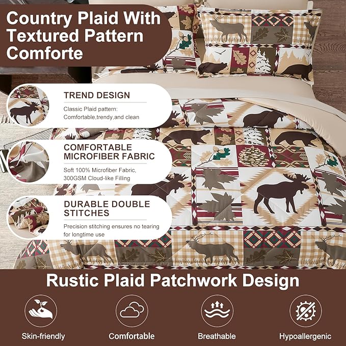 Comforter Set Queen Size Plaid Patchwork Comforter Bedding-7 Piece Bed in a Bag,Soft Reversible Bear Moose Microfiber Bedding Set(1 Comforter,1 Flat Sheet,1 Fitted Sheet,2 Pillowcases,2 Pillow Shams)