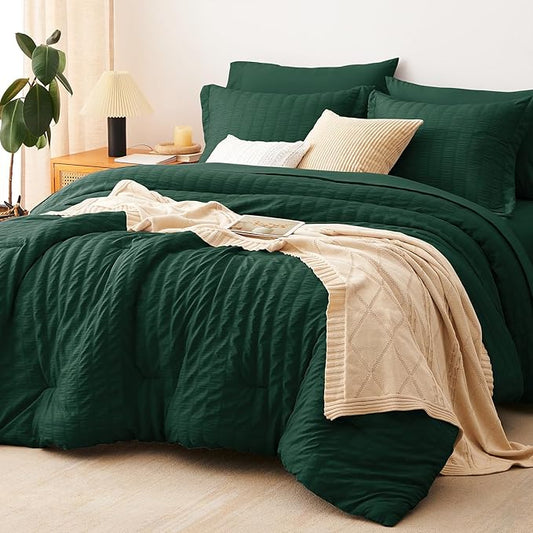 CozyLux Full Size Comforter Sets with Sheets 7 Pieces, Emerald Green Seersucker Bed in a Bag Textured Luxury Soft Bedding Sets with Down Alternative Comforter, Sheets, Pillowcases & Shams All Season
