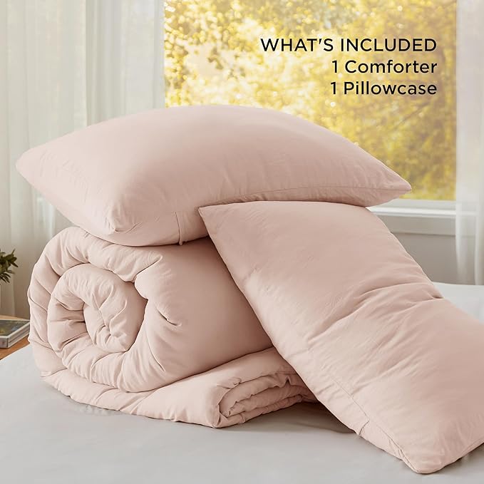 Bedsure Twin/Twin XL Comforter Set, Light Pink Soft Prewashed Bedding for All Seasons, 2 Pieces GentleSoft™ Bed Set, 1 Lightweight Comforter (68"x88") and 1 Pillowcase (20"x26")