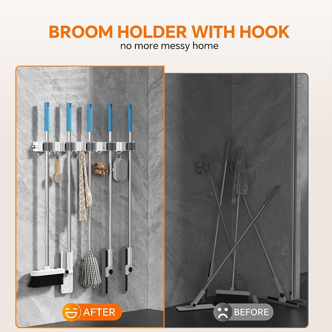 5 Grippers Broom Holder Wall Mount with 4 Hooks Stainless Steel Mop and Broom Organizer Self Adhesive or Screw Fixing for Garden Tool Rack Closet Laundry Room Kitchen Garage Storage Utility Hook - Image 2