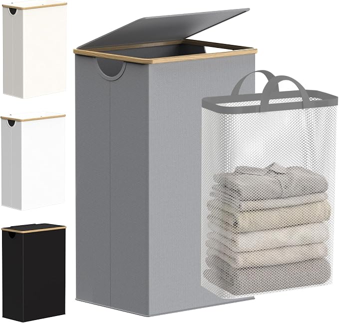 efluky Laundry Basket with Lid and Removable Bag, 100L Tall Laundry Hamper with Bamboo Handles, Aesthetic Dirty Clothes Bin for Laundry Room, Bathroom, Bedroom and Dorm, Silver Grey by efluky