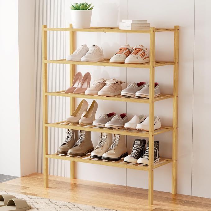 Smiry Shoe Rack, 5 Tier Bamboo Shoe Organizer, Stackable Free Standing Wooden Shoe Storage Shelf for Closet, Entryway, Front Door Entrance, Natural - Image 7