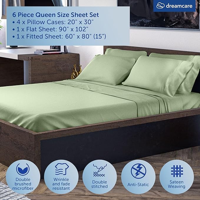 DREAMCARE Queen Sheet Set - 6 pcs Breathable Cooling Bed Sheets - up to 15" Deep Pocket Queen Sheets Set with Side Pockets - Extra Soft 100% Brushed Hypoallergenic Hotel Luxury Bedding -Sage Green