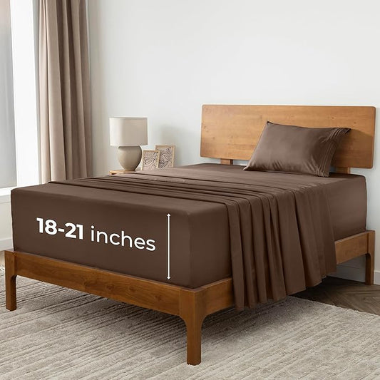 Mellanni Extra Deep Twin XL Sheets - 3 PC Iconic Collection Bedding - Hotel Luxury, Ultra Soft, Cooling Bed Sheets - Wrinkle, Fade, Stain Resistant (Twin Extra Long, Brown)