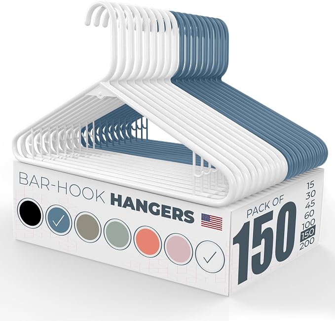 Neaties Plastic Hangers 100+ Pack (150 Count) – Made in the USA – 6lb Capacity Standard Clothes Hangers with Strap Hooks for Dresses, Lingerie, Shirts, Pants, and Jackets – White & Blue by NeatiesHangers
