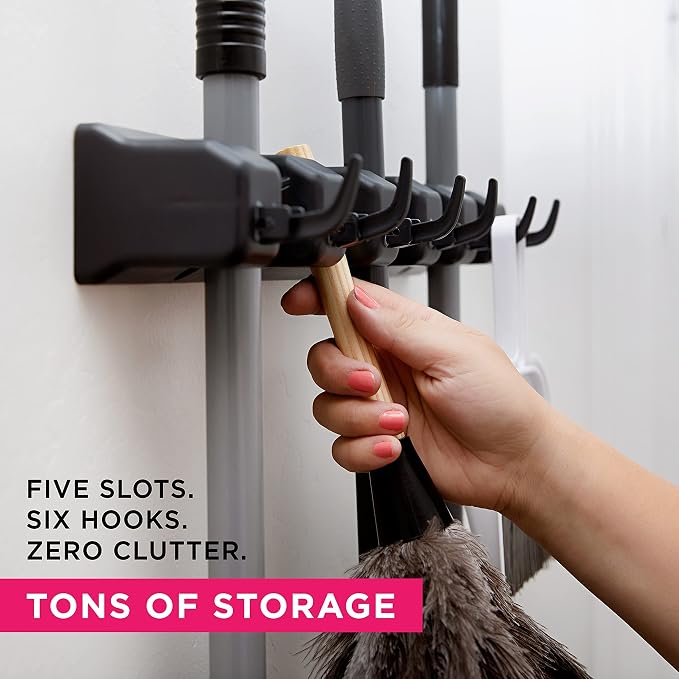 Berry Ave 5 Racks 6 Hooks Mop and Broom Holder Wall Mount, Broom Organizer Storage Tool Rack, Heavy Duty Wall Mount for Brooms and Mops, Utility Closet Garage Kitchen Laundry Organizer - Image 9