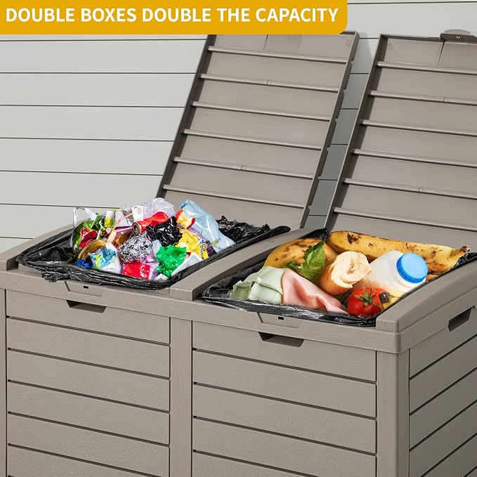 DWVO 76 Gallon Outdoor Resin Trash Can with Dual Lid and Drip Trays, 248 Quart Hideaway Garbage Bin for Porch, Backyard, Deck, Patio, Poolside, Easy Maintenance, 30.7''L x 16.3''W x 33.9''H (Taupe) - Image 2