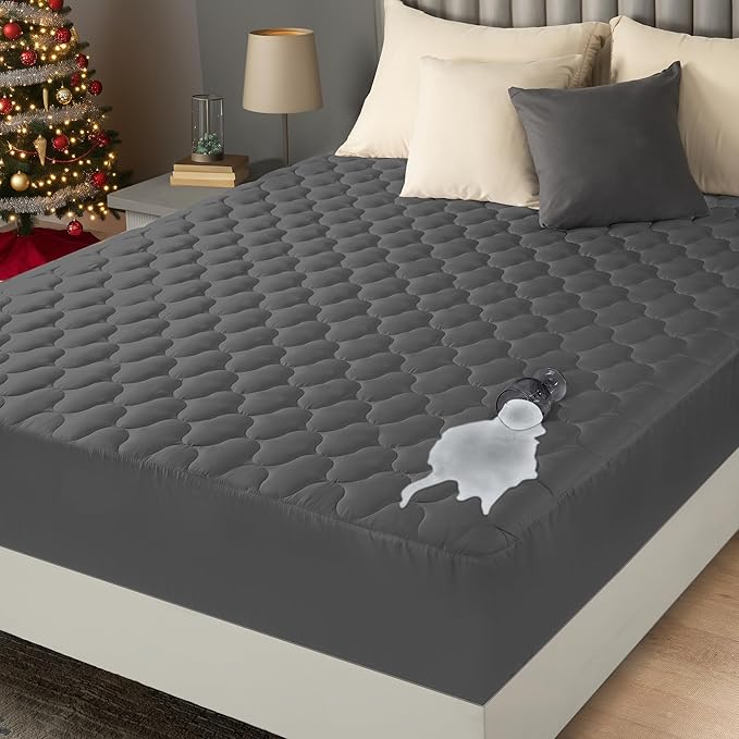 Utopia Bedding Waterproof Mattress Protector, Queen Mattress Pad, Noiseless Quilted Fitted Cover with Deep Pocket Stretches up to 16 Inches (Grey)