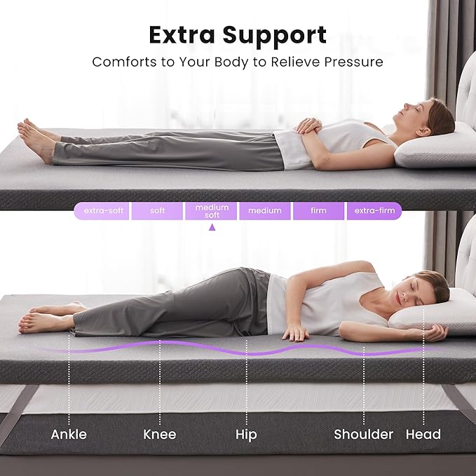 SINWEEK 2 Inch Gel Memory Foam Mattress Topper Queen Size, Pad for Back Pain, Bed Topper with Removable Soft Cover, CertiPUR-US Certified,Grey
