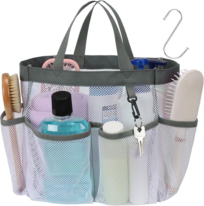 F-color Mesh Shower Caddy Portable, Upgrade Deeper 7 Pockets Shower Bag Basket Tote for College Dorm Room Toiletry Bathroom Essentials Gym Camp Quick Dry 2 handles with S Hook, White by F-color