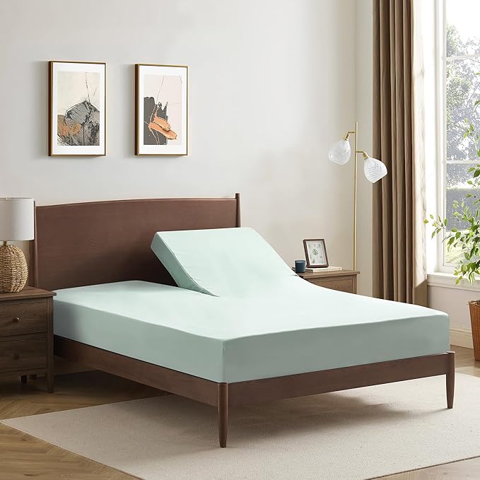 Split Head King Sheets Set for Adjustable Beds 4 Piece Flex Top Bed Sheets – Deep Pocket Split Top Fitted Sheet with Built-in Corner Straps, Luxury Soft Cooling Bedding, Wrinkle Resistant, Mint