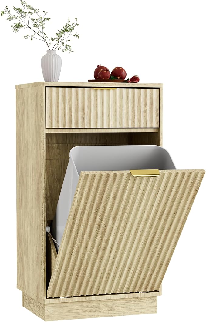 Tilt-Out Trash Cabinet with 10-Gallon Capacity, Walnut Laundry Hamper Cabinet, 34.3 x 19 x 13.8 inches, Wave-Textured Front. by Unknown
