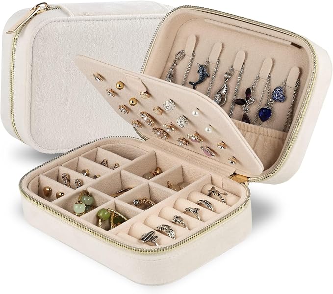 Dajasan Velvet Travel Jewelry Boxes, Small Travel Jewelry Case, Portable Travel Jewelry Organizer Box for Birthday Mother's Day Valentine's Day (Beige) by DAJASAN