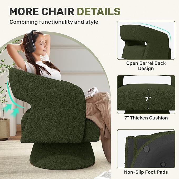 Nebuaegis Swivel Accent Chair Set of 2, Modern Comfy Teddy Barrel Chairs, Oversized Upholstered Round Arm Chair for Living Room, Bedroom, Reading Room, Green
