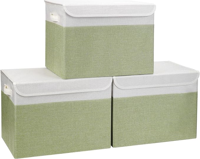 Large 17" 42 Quarts Collapsible Stackable Storage Bins with Lids [3-Pack] Foldable Fabric Linen Storage Boxes Cube, Closet Organizer Baskets with Label for Home (16.7 x 12 x 12", Green & White) by Bagnizer