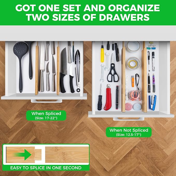 4 Pack Bamboo Kitchen Drawer Dividers with Inserts 2.6" High, Adjustable from 12.5 Inch to 21.7 Inch Drawer Organizers, Expandable Drawer Separators for Clothes, Bedroom, Dresser, Office (Beige) - Image 2